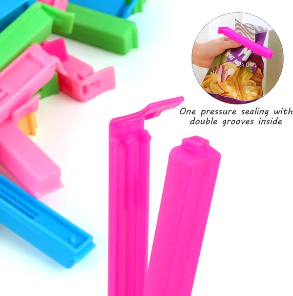 30 madforseglingsclips 11 cm. Sæt med 30 poseklemmer i 5 farver til slik, snacks, opbevaring