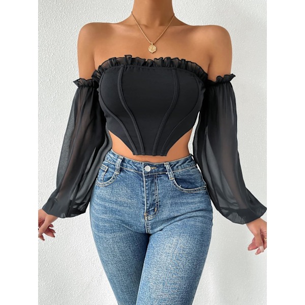 Kvinners langærmet Crop Top Tee Square Neck Basic T-skjorte
