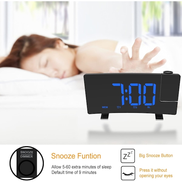 Projektion för sovrum med radio, 8” böjd skärm LED digital klocka stor display, USB-laddningsport, automatisk dimmer, snooze, dubbel väckarklocka
