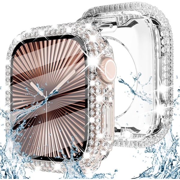 2-in-1 vedenpitävä bling-kotelo Apple Watch Series 10:lle, näytönsuoja 46 mm, naisten glitter-timantti etu- ja takakuori 360° täyssuoja kova PC Pro