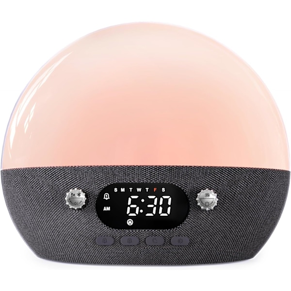 Lydsystem, solopgangs vækkeur med Bluetooth-højttaler, hvid støj til søvn, vækkeur med lys til soveværelser, tunge sovende, dæmpbare nattelys