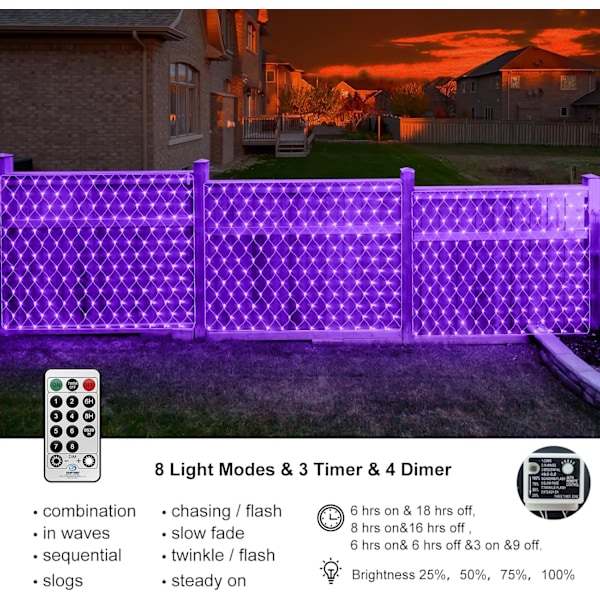 Udendørs netlys Halloween UV sorte lys 9,8ft x 6,6ft UV sortlys net fe lyskæde 200 LED'er Stik i have trælys dekorationer