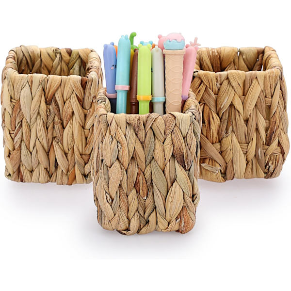 3-pack vattenhyacint pennhållare, korg pennkopp sminkborst hållare, pennkopp arrangör chic vävda skrivbordstillbehör pennbehållare