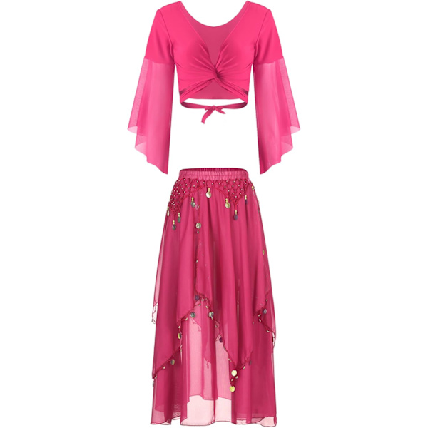 Kvinders mavedans kjole sæt mave tyl flæseærmet crop top med chiffon dans nederdel varm pink one size varm pink one size