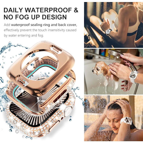 2-in-1 Vedenpitävä Bling Kotelo Apple Watch Series 10 42mm:lle, Näytönsuojakotelo, Timanttisuojakuori Apple Watch 10 42 mm Kristallitimanteilla