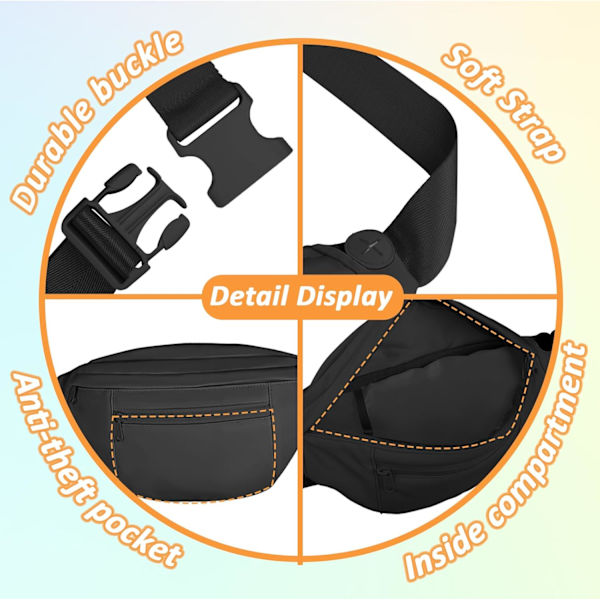 Stor Crossbody Fanny Pack - 3 dragkedjor, stöldskyddad midjeväska
