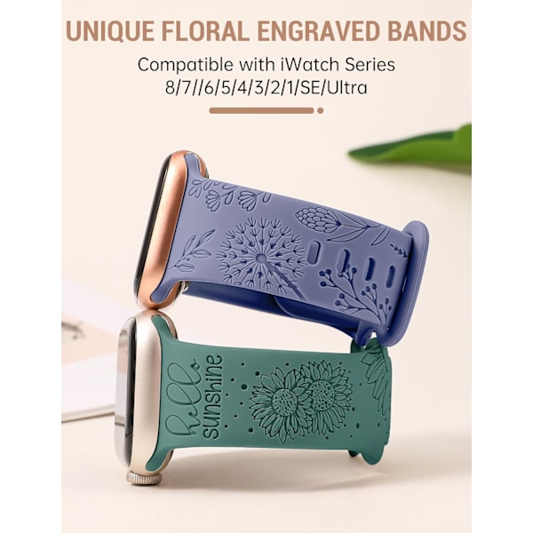 2-pakke blomstrete graverte bånd kompatibelt med Apple Watch -bånd 41 mm