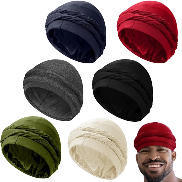 6 delar turban för män Halo Turban Durag Satin Silk Fodrad