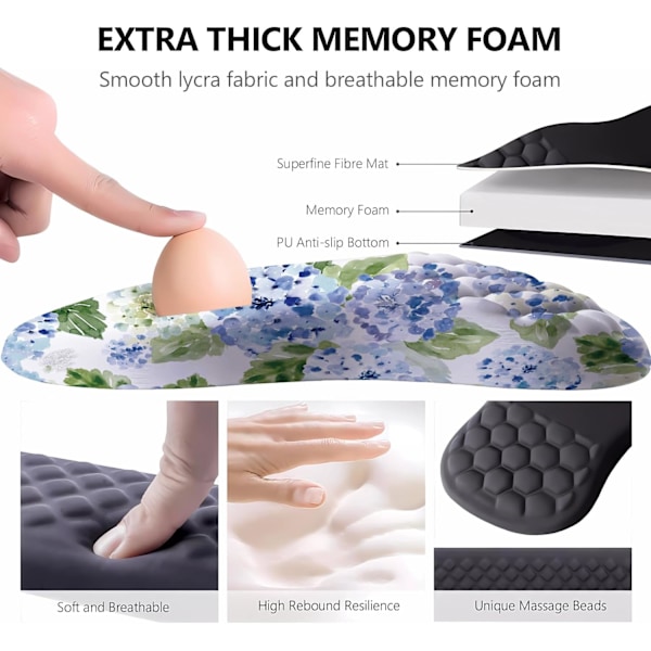 Blå Hortensia Ergonomisk Musmatta med handledsstöd, Vit Söt Blå Blommig Musmatta Kawaii Handledsstöd Smärtlindrande Musmatta med Minnesskum Blå
