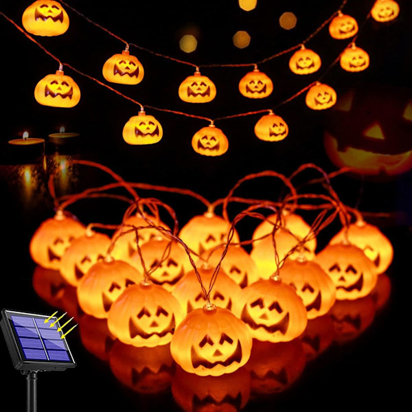 Stora Halloween solcellslingor utomhus, pumpa ljusslinga med 8 lägen inomhus utomhus dekor med 21,32ft 30 pumpa lampor för vit