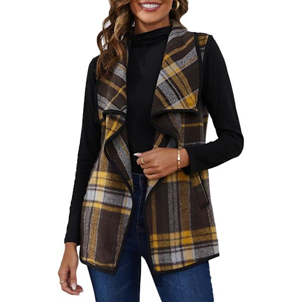 Kvinnor Väst Krage Öppen Fram Buffalo Plaid Ärmlös Kavaj Jacka Kappa med