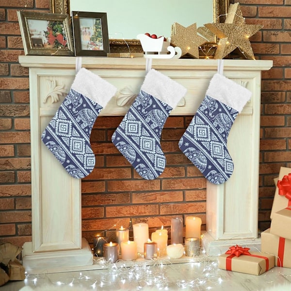 Julklapp, Personliga Julklappsstrumpor 2-pack Boho Mandala Aztec Elephant Blå 18 tum Julstrumpor Hängande Ornament Kamin för
