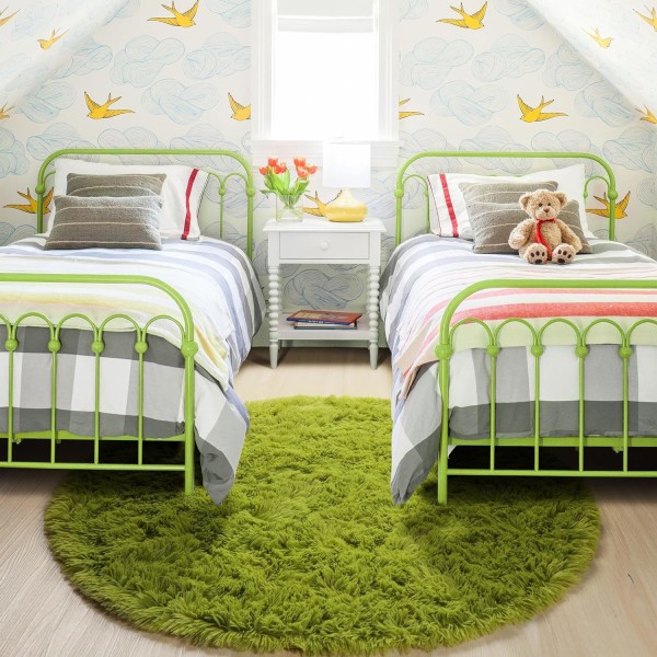 Grønn rund teppe for soverom, fluffy sirkulær teppe 4'X4' for barnerom, lodne teppe for tenåringsrom, shaggy sirkulær teppe for barnerom, fuzzy plysj