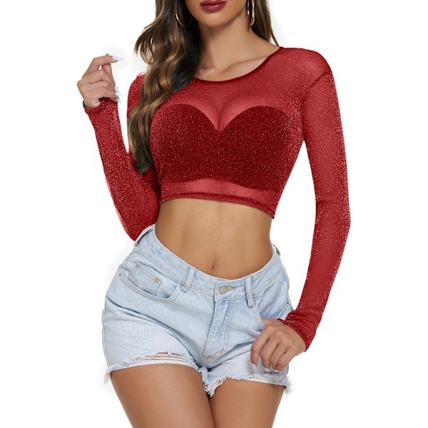 Kvinners Mesh Crop Top Lang Ermet Gjennomsiktig Skjorte Sheer Bluse O Hals Clubwear