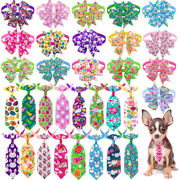 24 stk. Happy Easter Eggs Kjæledyr Hund Sløyfer og Kjæledyr Hund Halsbånd, Bulk Justerbar Ferie Hund Krage Pleie Kaninmønster Sløyfer, Hund Krage