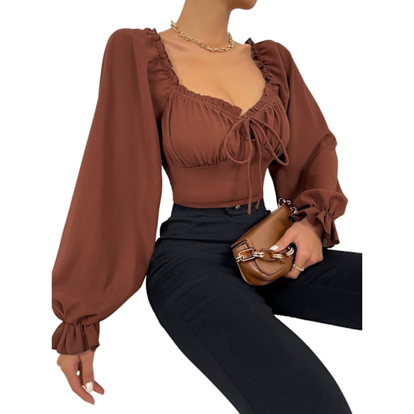 Kvinnors långärmad volang trimmad crop top rynkad volang blus