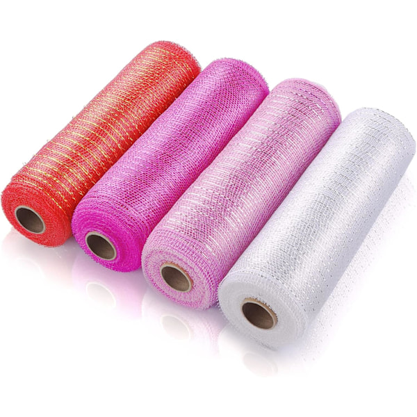 4 Rolls Mesh Ribbons 30 Feet Each Roll Metallic Foil Mesh Ribbon for Home Door