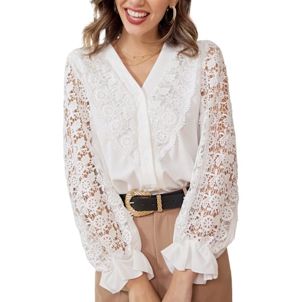 Womens Lace Crochet Long Sleeve Blouse Victorian V Neck Keyhole Dressy Elegant