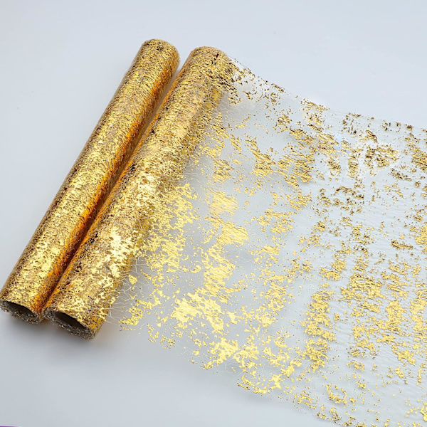 2 delar guld bordslöpare, paljettglitterfolie metalliskt guld tunt mesh