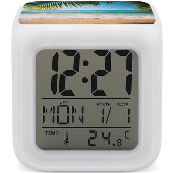 LED-väckarklocka, Ocean Sea Beach Palm Leaves Print Multicolor Väckarklocka Geometrisk Väckarklocka Sovrumsväckarklocka Tyst Väckarklocka Vit