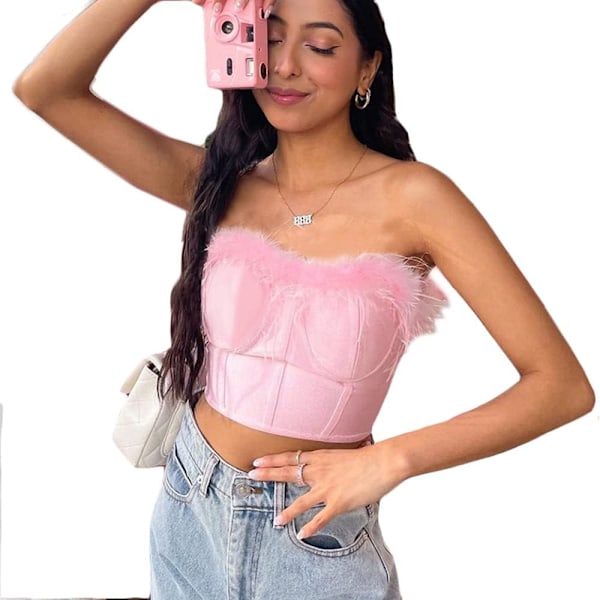 Kvinners Korsett Bandeau Tube Crop Tops Bustier i Sateng med Fjærkant og Kunstpels