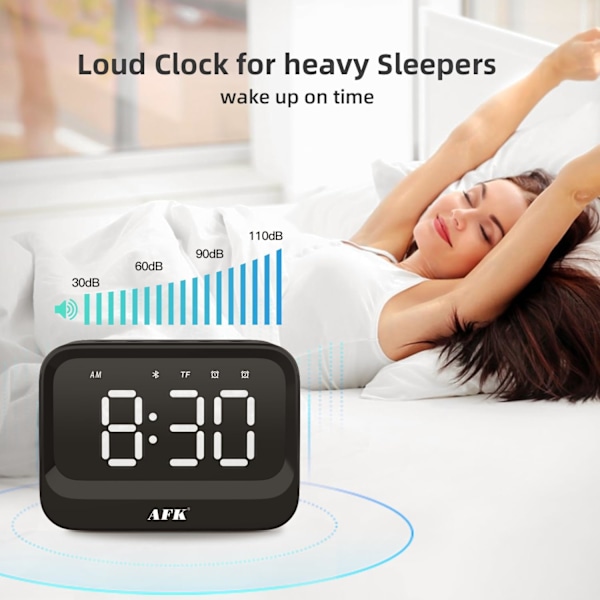 Väckarklocka med Bluetooth-högtalare för sovrum, högljudd digital klocka för tunga sovare, vuxna, skrivbord med dubbla larm, stor svart