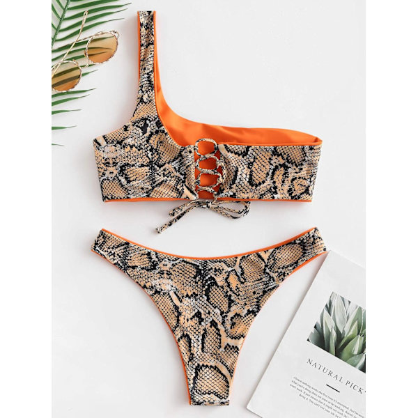 Bikinisett for kvinner med slangeskinn, polstret, snøring bak, todelt badedrakt
