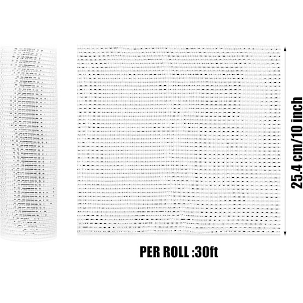 Deco Mesh 10 tum x 30 fot, Vit Mer Bredd Metallic Folie Mesh Tyg,