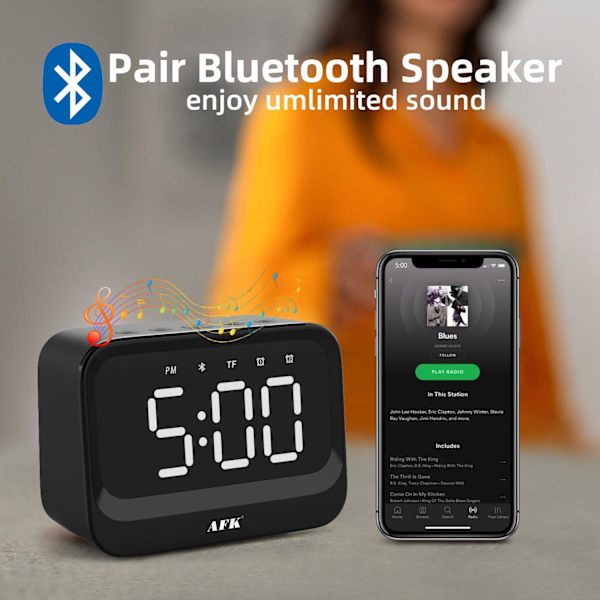 Väckarklocka med Bluetooth-högtalare för sovrum, högljudd digital klocka för tunga sovare, vuxna, skrivbord med dubbla larm, stor svart