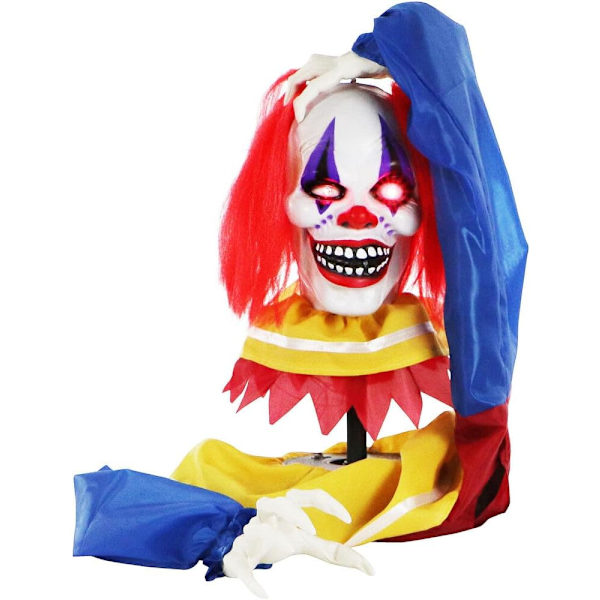 Haunted Hill Farm Pop-Up Talking Clown Head med Light-Up Eyes, Touch-Activated Animatronic för Scary Tabletop Dekoration, Creepy 14\" Clown