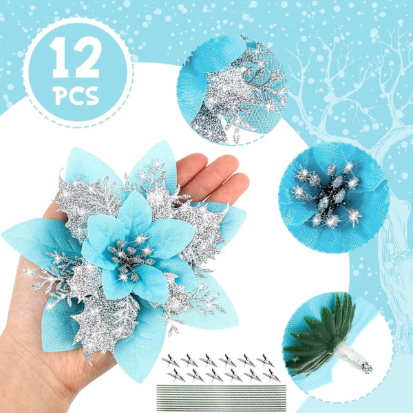 12 stk Glitter Jul Poinsettia Kunstig Jul Blomster Ornamenter Blomster