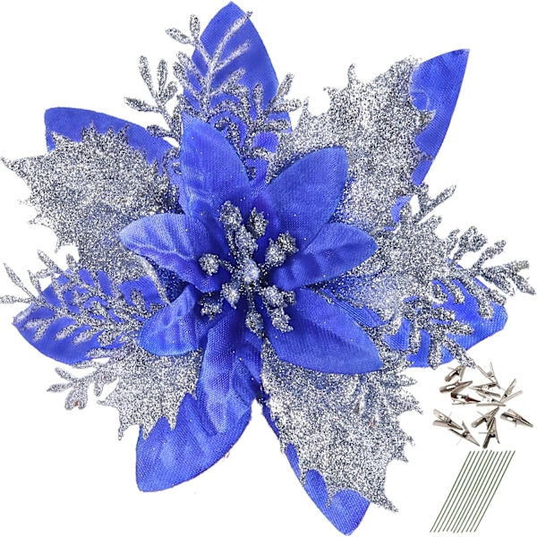 12 st 14 cm / 5,5 tum konstgjorda julstjärnor med klämmor och glitterstjälkar