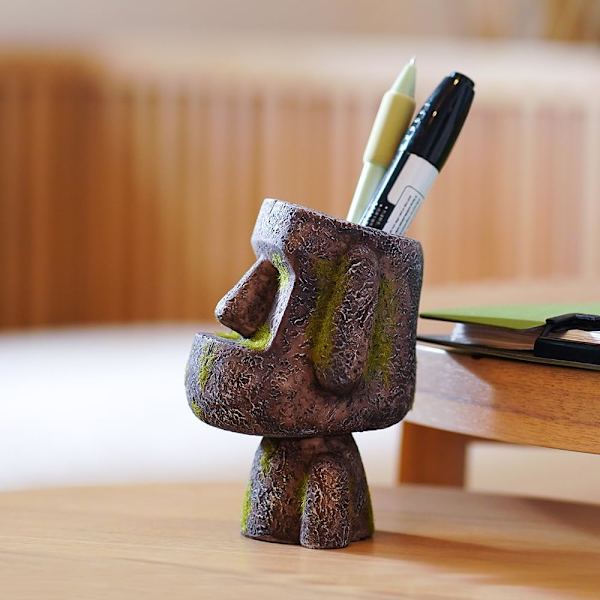 Ester Islnd Hed Sttue n Holder for Desk, Resin Moi Sttue ncil Pot Mkeup Brush Holder Desktop Orgnizer Home Office Desk Decortions