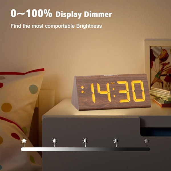 Brun digital vekkerklokke i tre med to USB-ladeporter, DST, dimbar, slumre, moderne stor tidsskjerm LED-klokke for barnerom,
