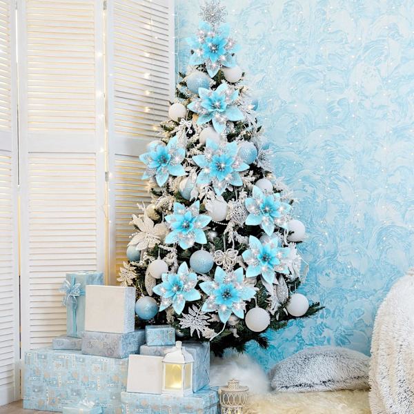 12 stk Glitter Jul Poinsettia Kunstig Jul Blomster Ornamenter Blomster