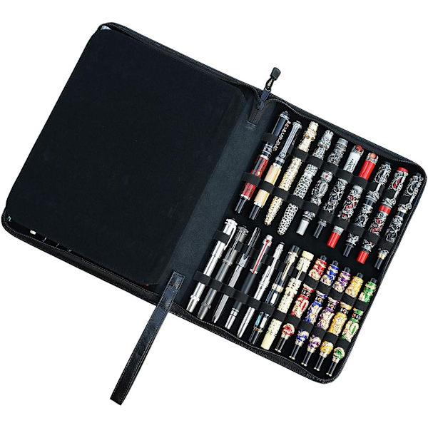 Rel Leer n Cse for Fountin n/Rollerbll n, Genuine Cowhide Holder Pouch Bg for 4 ns, Fit in Vrious Size Lrge Cpcity Office Black-46 Slots