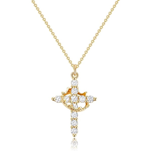 Dam Krona Kors Halsband 14K Guldpläterad Krona Kors Hänge Halsband Enkelt Diamant Guld Halsband Tro Kors Smycken