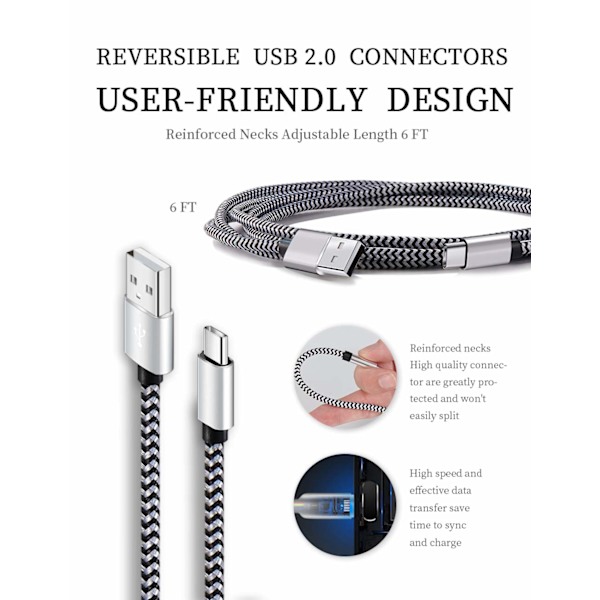 USB Typ C-kabel Snabbladdning, Tpc001 5-pack (6Ft 3A)