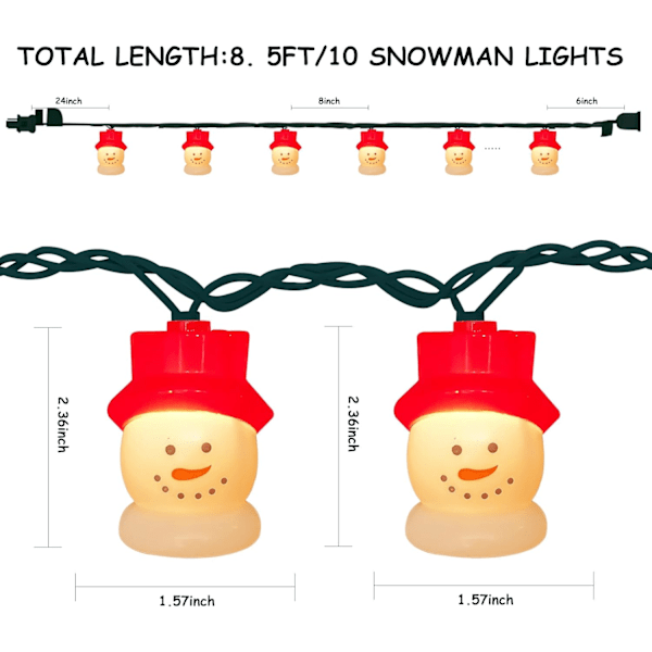 Julelys med snømann, 8,5 fot julelys med julemann-dekorasjoner, lyslenke med 10 julemannhode-dekorasjoner, julelys