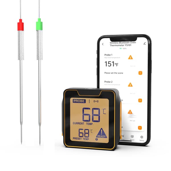 wxsp Kjøtttermometer, kjøkkentermometer, Bluetooth, digitalt, termometer med timerfunksjon og 2 prober for matlaging, grilling, ovn, batteri