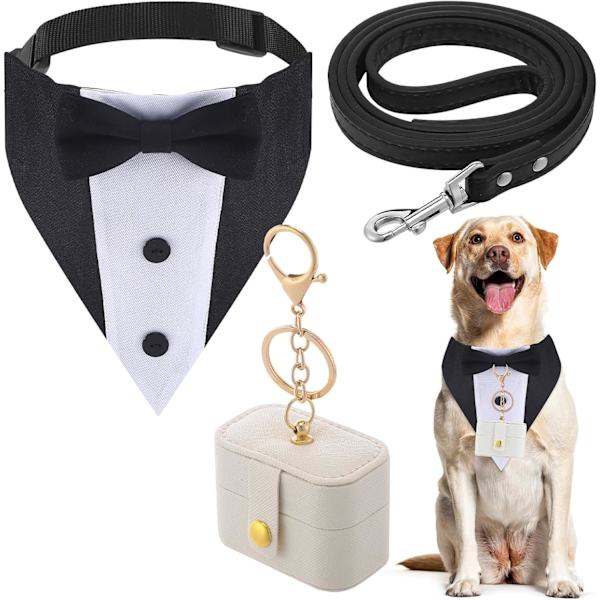 3-delad bröllopskrage för hundar, inklusive hundsmoking, bröllopsringbärare, bröllopsringhållare, justerbar hundhalsband med slips och koppel