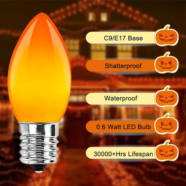 25 stk. C9 LED Halloween Orange pærer, C9 LED juletræslys udskiftningspærer til Halloween udendørs lyskæder, C9/E17 mellemstørrelse