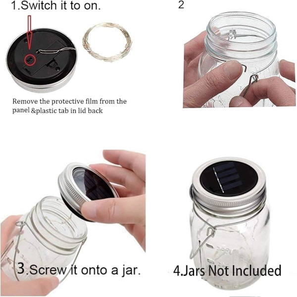 Mason Jar Solcellelamper til Udendørs, 6 Pakke 30Led Fe Lys Mason Jar Sol Låg Udendørs Vandtætte Strenglys med Hanger (Ingen Krukker) Bedste
