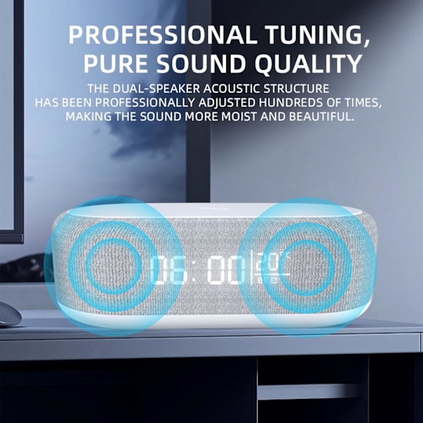 Bluetooth-højttaler med trådløs opladning, dobbelt vækkeur, 3 niveauer lysstyrke, sengelampe, digitalt ur 12/24 timer, 6 i 1 trådløs opladningsstation