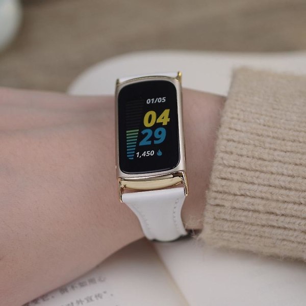För Fitbit Charge5 Mijobs Äkta Läder Slim Watch Band RIB White-Gold