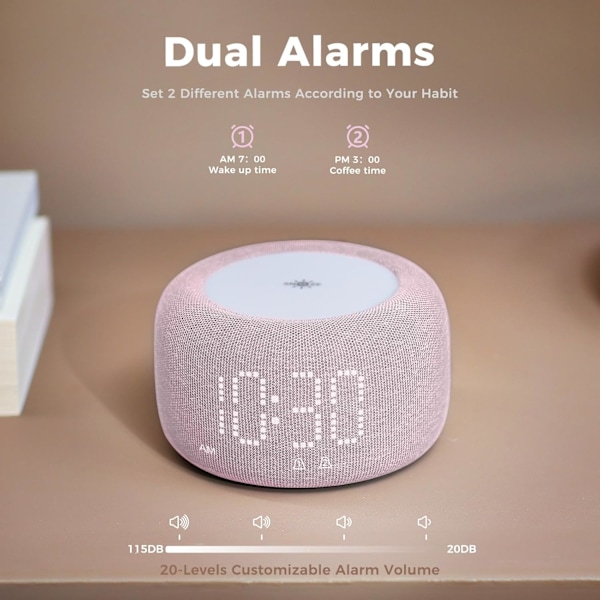 Väckarklocka & Nattlampa 2-i-1, Dubbel Alarm, 10 Färger Nattlampa, 8 Alarm Ljud, Snooze, 20-Nivå Volymkontroll Dimbar Digital Väckarklocka