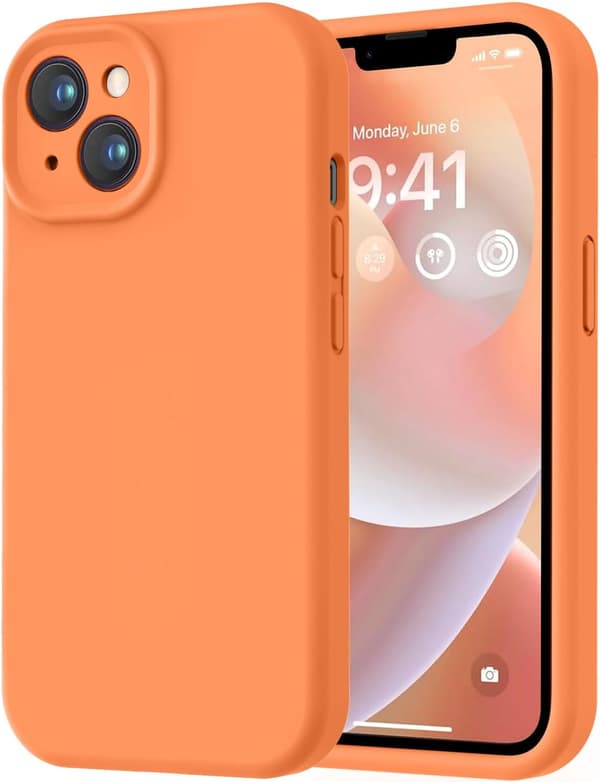 iPhone 14-deksel i førsteklasses silikon med mikrofiberfôr, støtsikkert - Oransje