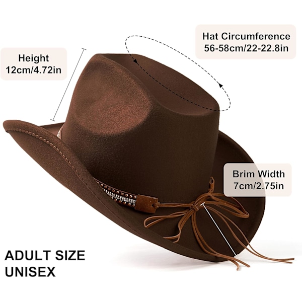 Hatt for menn og kvinner i filt med bred brem, western cowboy-stil, utendørs fedora-hatter med belte