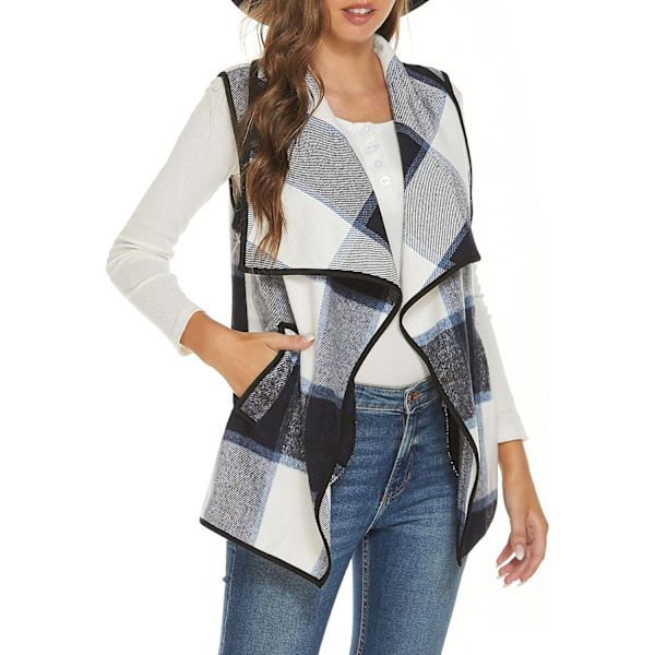 Dame Vest Lapel Åben Front Buffalo Plaid Ærmeløs Cardigan Jakke Frakke med