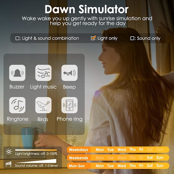 Solopgangs vækkeur, Wake Up Light Dawn Simulator, Sengelampe Farve Nattelys med USB-oplader, Søvnhjælp, Høj sollys vækkeur til